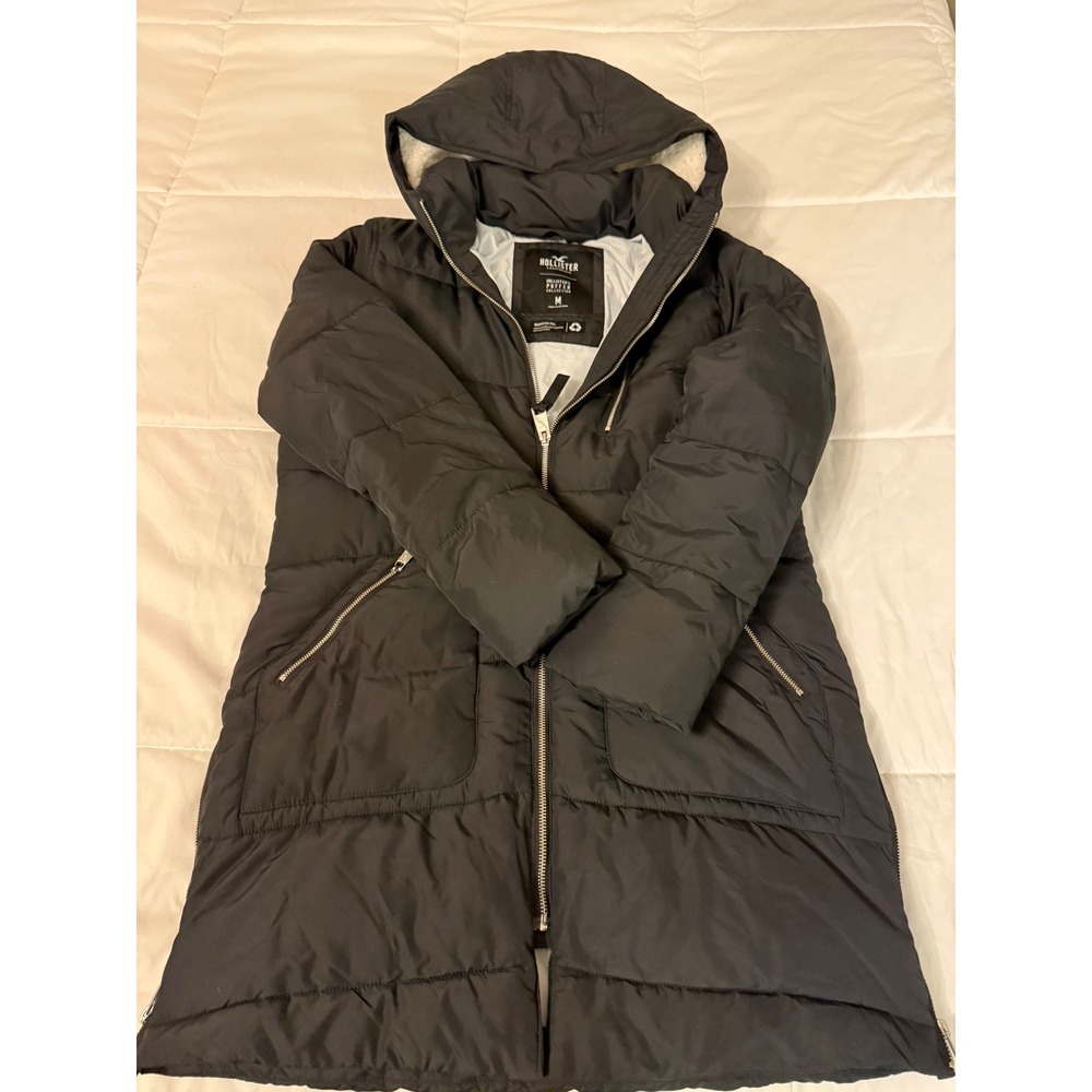 Hollister Puffer Collection Black Long Parka Sherpa Hood Jacket Womens Medium